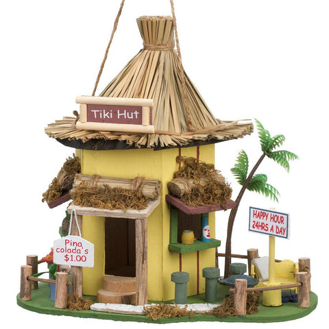 Tiki Hut Bar Thatched-Roof Bird House Songbird Valley