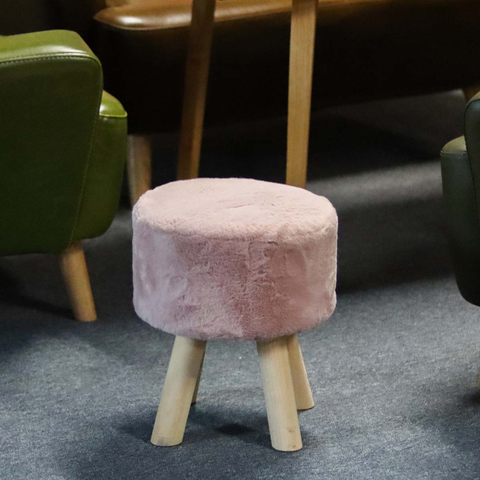Faux Fur Round Footstool- Soft Compact Padded Seat with 4 Wooden Legs Ottoman-Pink Pink 11.8"Dia, 13.8"H Paris Loft Inc