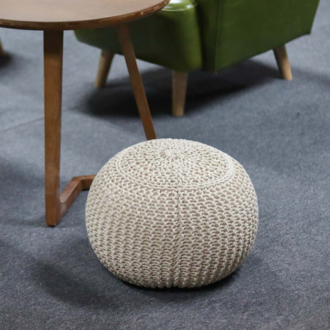 Round Knitted Pouf- Knit Bean Bag Floor Chair- Handmade Cotton BraiDecord- Home Decorative Seat for Living Room- Bedroom- Kid's Room- 15.75" Wx 11.8 H Beige 15.75" Wx 11.8 H Paris Loft Inc