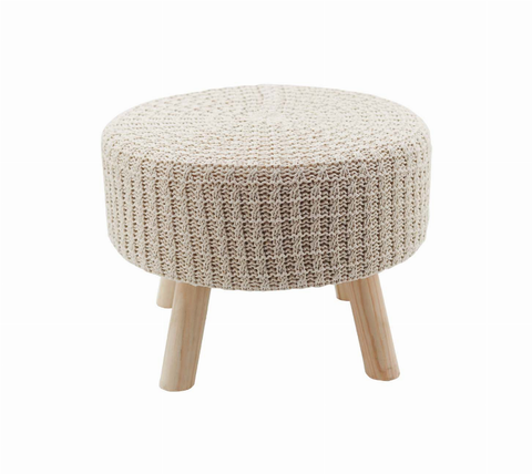 Cotton Hand Knitted Multipurpose Vanity Seat-Footrest Ottoman Stool-Modern Makeup Dressing Chair with 4 Solid Wooden Legs- 17.3" WX 17.3 DX 10.6 H-  Beige 17.3" WX 17.3 DX 10.6 H Paris Loft Inc