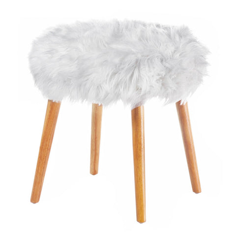 Faux Fur Stool with Wood Legs - White Accent Plus