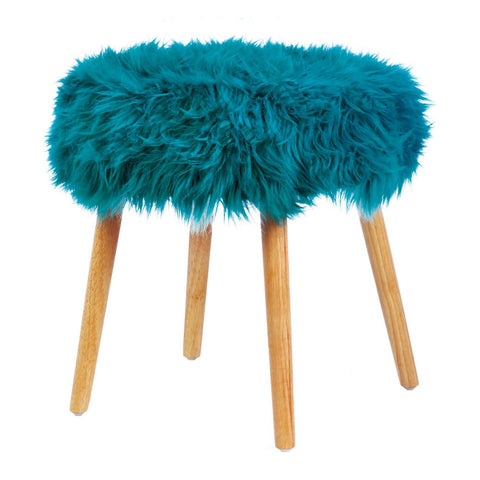 Faux Fur Stool with Wood Legs - Turquoise Accent Plus