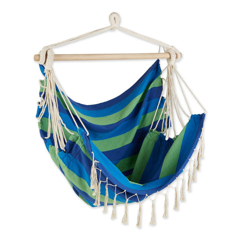 Hammock Chair with Tassel Fringe - Blue and Green Stripes Accent Plus