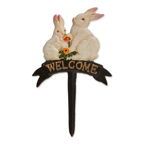 Cast Iron Bunny Rabbits Welcome Flower Pot Stake Accent Plus