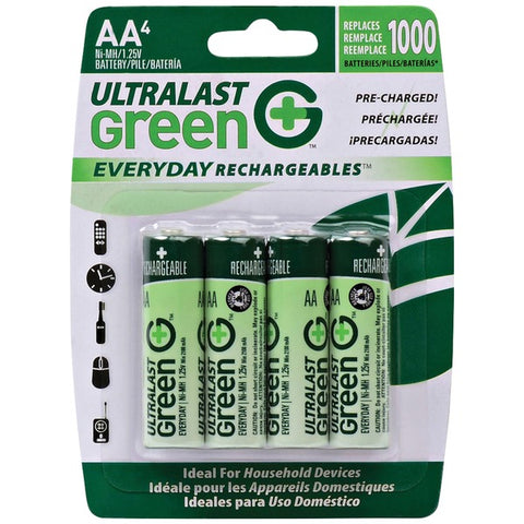 Ultralast ULGED4AA Green Everyday Rechargeables AA NiMH Batteries, 4 pk ULTRALAST(R)