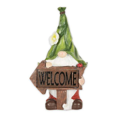 Accent Plus Leaf-Hat Gnome with Welcome Arrow Sign Solar Garden Light Accent Plus