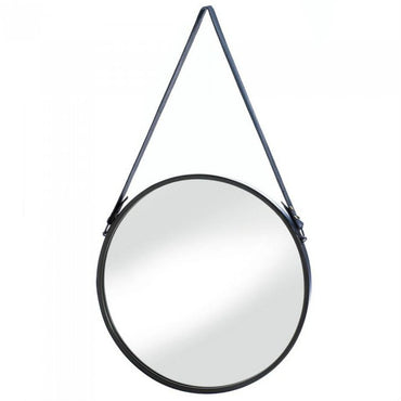Round Hanging Wall Mirror with Faux Leather Strap Accent Plus