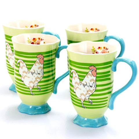 Urban Market Life on the Farm 4 Piece 14 Ounce Durastone Footed Rooster Tea Cup Set in Green Stripes Urban Market