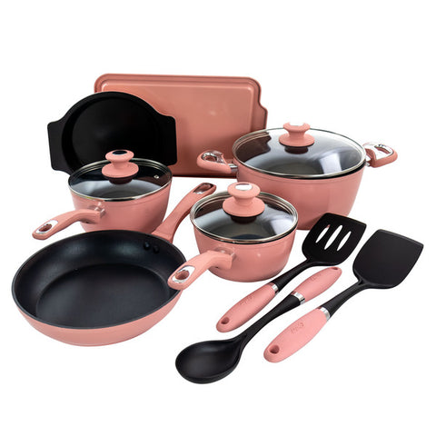Oster Lynhurst 12 Piece Nonstick Aluminum Cookware Set in Pink with Kitchen Tools Oster