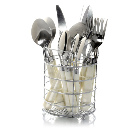 Gibson Sensations II 16 Piece Stainless Steel Flatware Set with White Handles and Chrome Caddy Gibson
