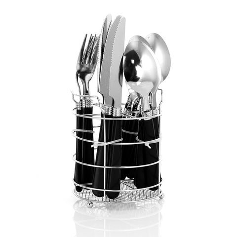 Gibson Sensations II 16 Piece Stainless Steel Flatware Set with Black Handles and Chrome Caddy Gibson