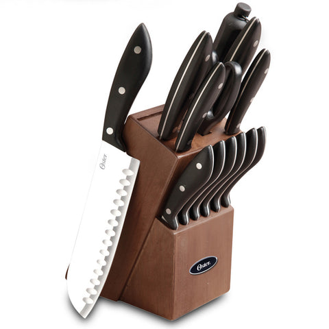 Oster Huxford 14 Piece Stainless Steel Cutlery Set with Black Handles and Wooden Block Oster