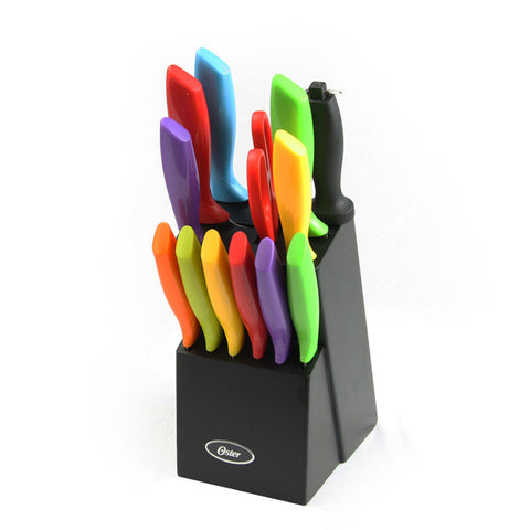 Oster 14 Piece Stainless Steel Assorted Color Cutlery Knife Set with Wood Storage Block Oster