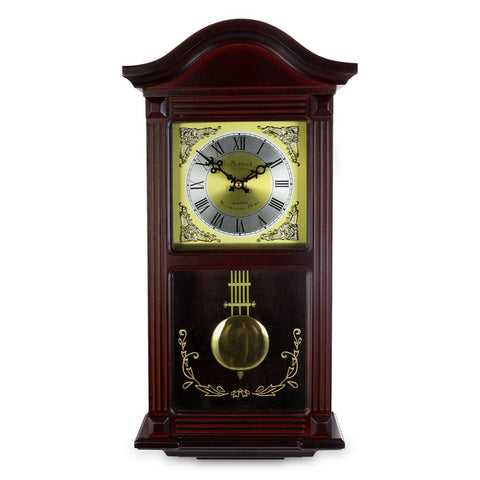 Bedford Clock Collection 22 Inch Wall Clock in Mahogany Cherry Oak Wood with Brass Pendulum and 4 Chimes Bedford Clock Collection