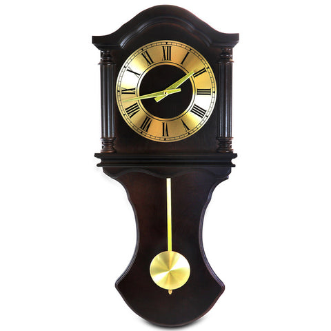 Bedford Clock Collection 27.5 Inch Wall Clock with Pendulum and Chimes in Chocolate Brown Oak Finish Bedford Clock Collection