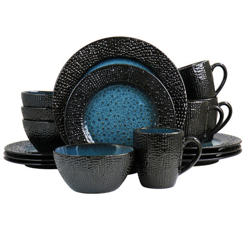 Elama Estevan 16 Piece Round Textured Stoneware Dinnerware Set in Charcoal and Blue Elama