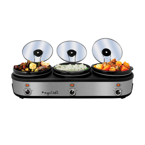 MegaChef Triple 2.5 Quart Slow Cooker and Buffet Server in Brushed Silver and Black Finish with 3 Ceramic Cooking Pots and Removable Lid Rests Megachef