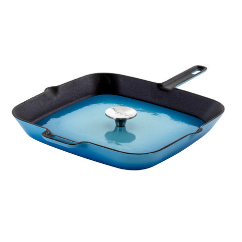 MegaChef 11 Inch Square Enamel Cast Iron Grill Pan with Matching Grill Press in Blue with Press Megachef