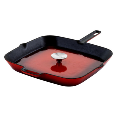 MegaChef 11 Inch Square Enamel Cast Iron Grill Pan with Matching Grill Press in Red with Press Megachef