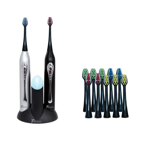 Dual Handle Ultra High Powered Sonic Electric Toothbrush with Dock Charger, 12 Brush Heads &amp; More!-Black and Silver Pursonic