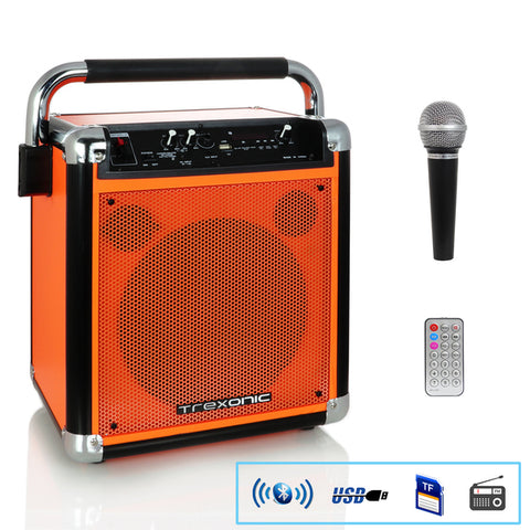 Trexonic Wireless Portable Party Speaker with USB Recording, FM Radio &amp; Microphone, Orange Trexonic