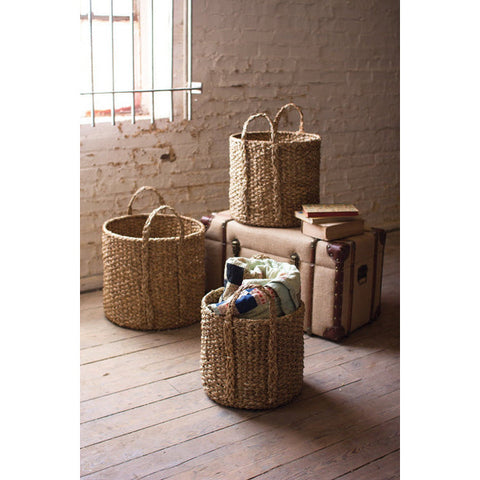 Set Of 3 Round Braided Seagrass Storage Baskets W Handles Kalalou