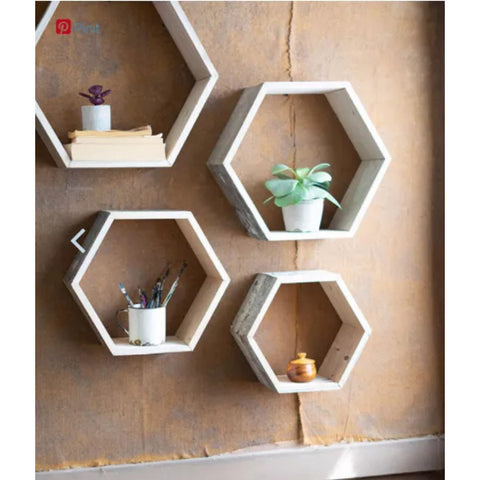 Set Of Four Recycled Wood Hexagon Wall Shelves - Whitewash Kalalou