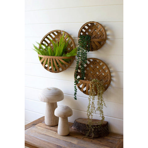 Set Of Three Rouind Split Wood Hanging Wall Baskets Kalalou