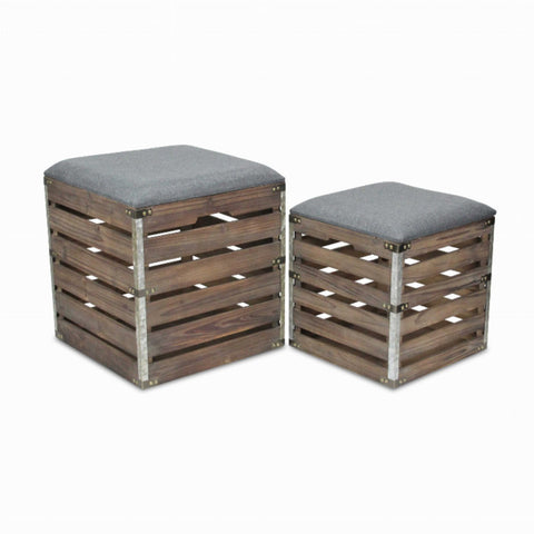 Set of 2 Square Gray Linen Fabric and Wood Slats Storage Benches Homeroots.co